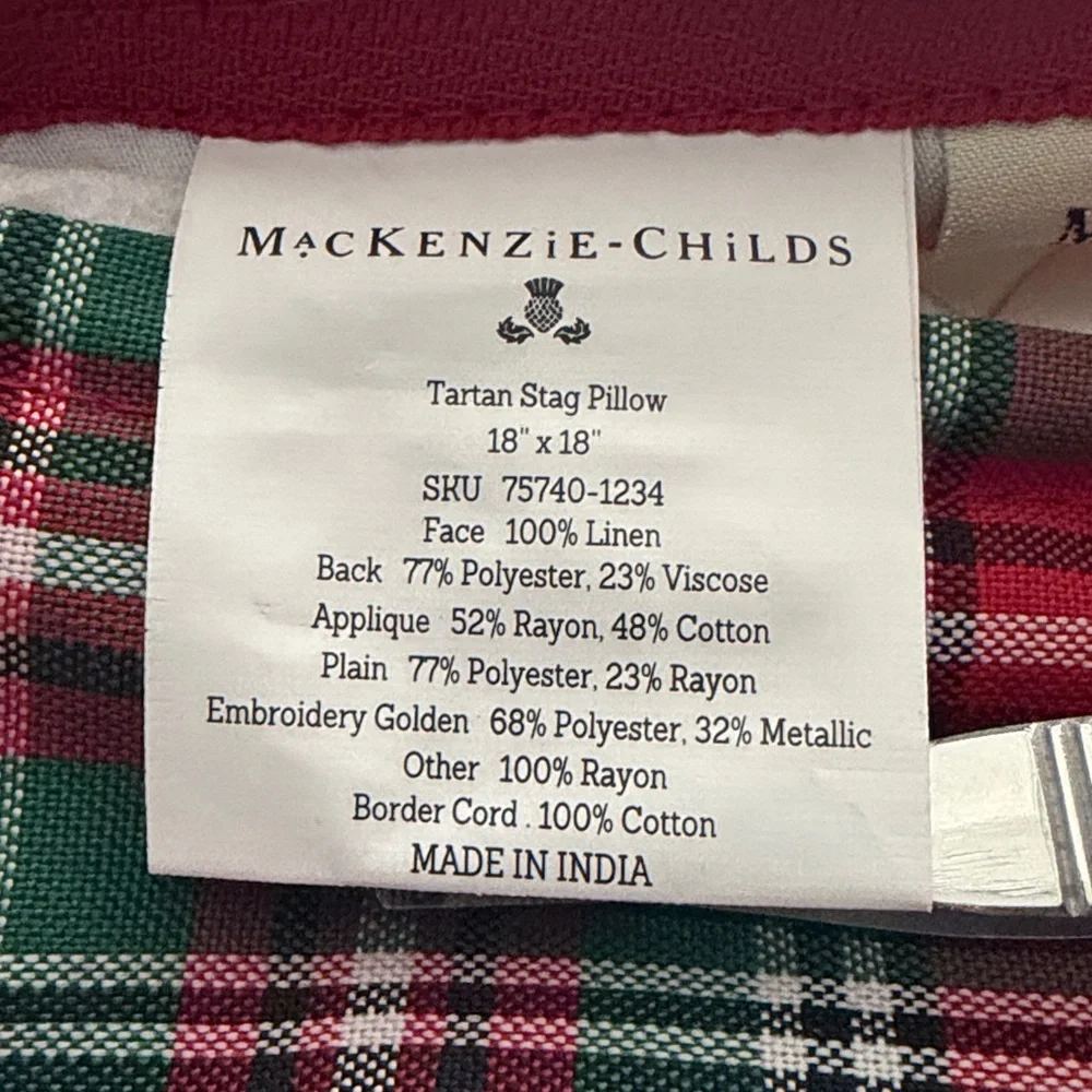 MacKenzie-Childs Tartan Stag Pillow With Courtly Check Piping 18” x 18”